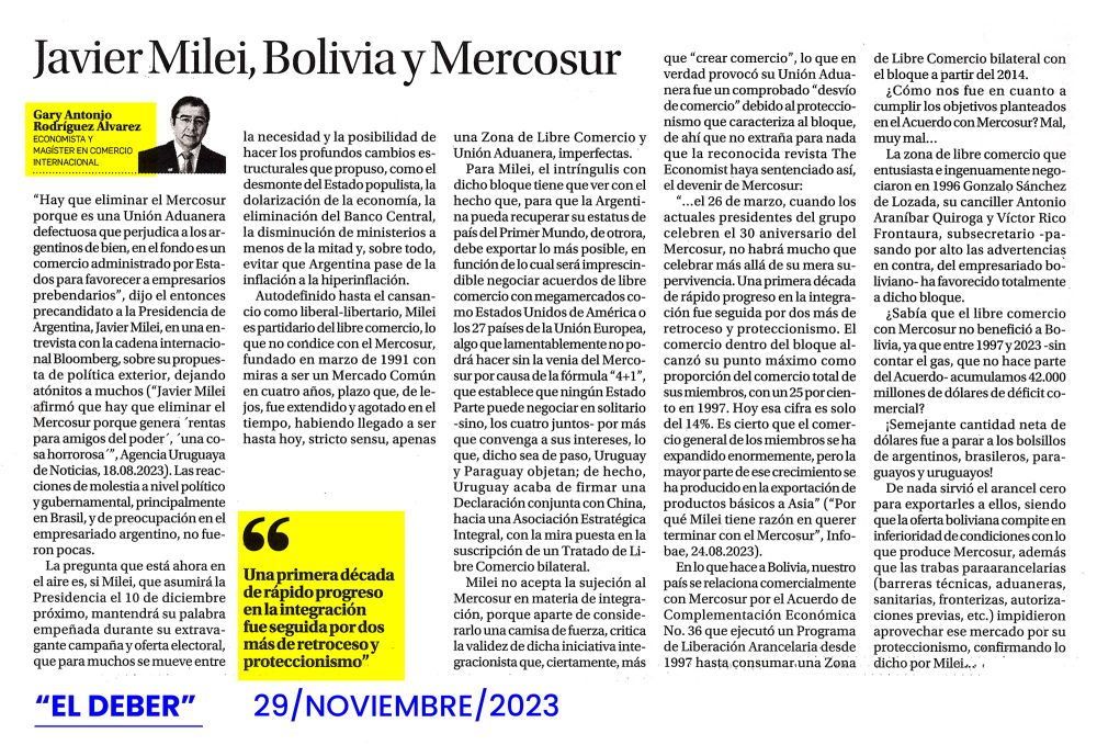 Javier Milei, Bolivia y Mercosur