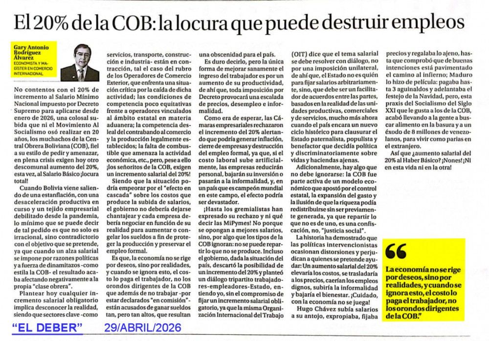 El 20% de la COB: la locura que puede destruir empleos
