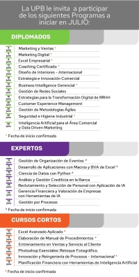 La UPB le invita a participar de los siguientes Programas a iniciar en julio de 2023