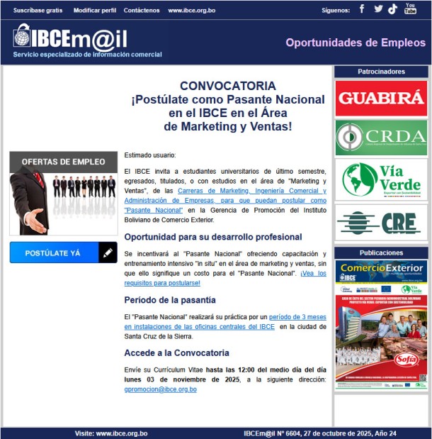CONVOCATORIA ¡Postúlate como Pasante Nacional en el IBCE: Área de Marketing y Ventas!