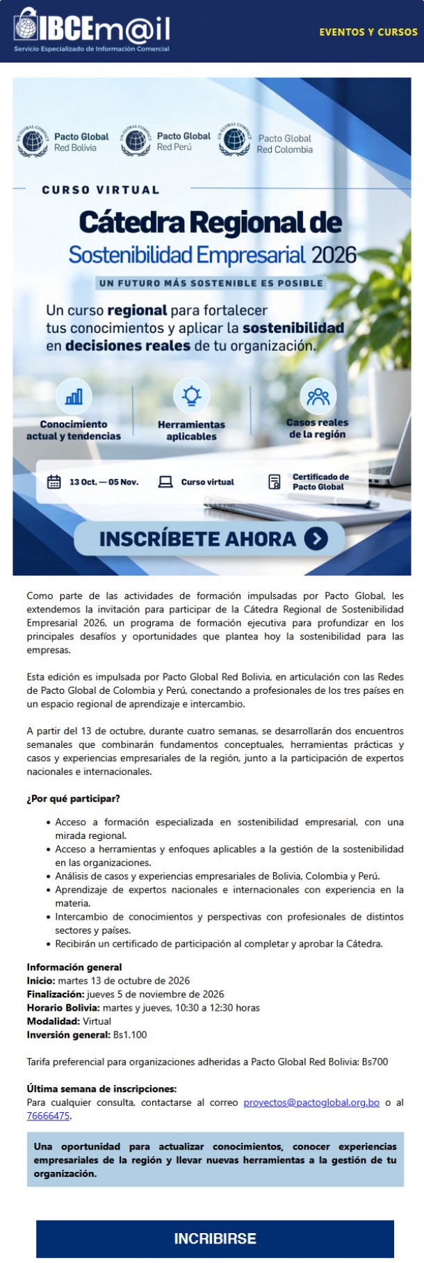 ¡Última semana para inscribirse a la Cátedra Regional de Sostenibilidad Empresarial 2026!